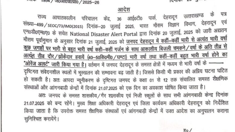 भारी बारिश के चलते देहरादून में स्कूल और आंगनबाड़ी केन्द्र  कल  रहेंगे बंद