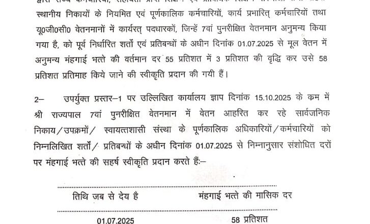 धामी सरकार का बड़ा फैसला : सातवें वेतनमान वाले कर्मचारियों का DA 55% से बढ़ाकर 58%, 1 जुलाई से प्रभावी